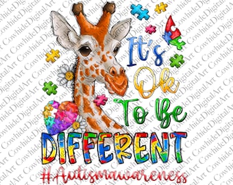Può includere: Un'illustrazione colorata di una giraffa con un cuore fatto di pezzi di puzzle. Il testo "It's Ok To Be DIFFERENT #AutismAwareness" è scritto in colori arcobaleno.