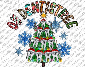 May include: A Christmas tree decorated with teeth wearing Santa hats. The tree is surrounded by snowflakes and the words "Oh Dentistree" are written in a colorful, festive font.