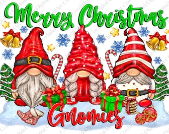 May include: Three Christmas gnomes with red hats, white beards, and red and white striped shirts. The gnomes are holding gifts and candy canes. The text "Merry Christmas Gnomes" is written in green letters above the gnomes.