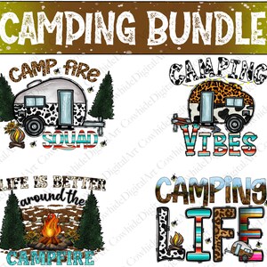 K&ouml;nnte beinhalten: Ein digitales Kunstpaket mit vier Designs zum Thema Camping. Die Designs zeigen einen Wohnwagen mit Kuh- und Leopardenmuster, ein Lagerfeuer und den Text "Camp Fire Squad", "Camping Vibes", "Life is Better Around the Campfire" und "Camping Life".