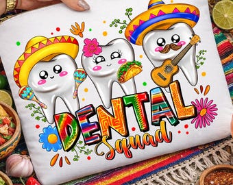 May include: White cosmetic bag with a colorful "Dental Squad" design. The design features cartoon teeth wearing sombreros, holding maracas, a taco, and a guitar. The bag is held by a person.