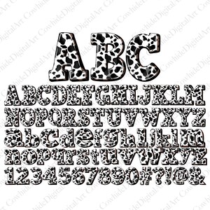 May include: Black and white alphabet letters and numbers with a cowhide pattern. The letters are uppercase and lowercase, and the numbers are 1 through 0. There are also symbols such as #, ?, !, @, and &.