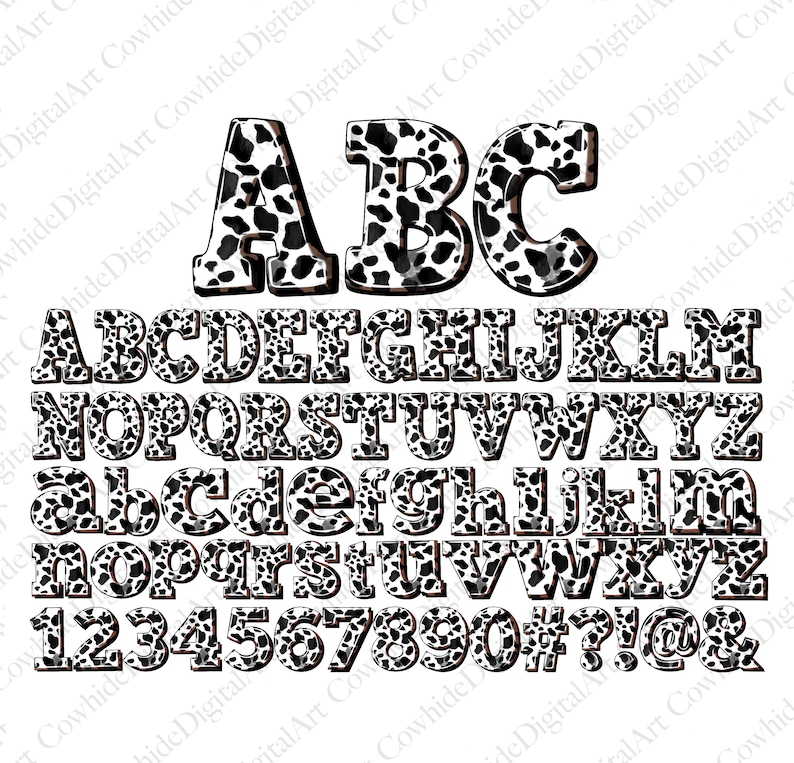 May include: Black and white alphabet letters and numbers with a cowhide pattern. The letters are uppercase and lowercase, and the numbers are 1 through 0. There are also symbols such as #, ?, !, @, and &.