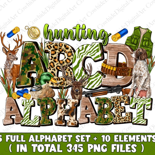 Jagd Doodle Alphabet Bundle PNG, Camo PNG Buchstaben, Zahlen & Zubehör, Jagd Sublimation Design, Hirsch Schriftart png, Jagd Designs