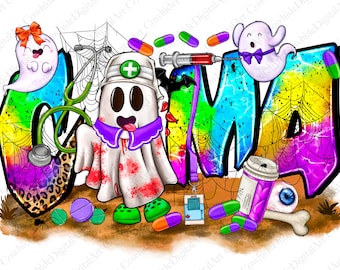 Può includere: Un design grafico colorato con la parola "Oma" e un fantasma spettrale a tema infermiera che indossa un abito viola e bianco e tiene uno stetoscopio. Il design include un motivo a ragnatela, pillole, una siringa e un osso con un occhio.