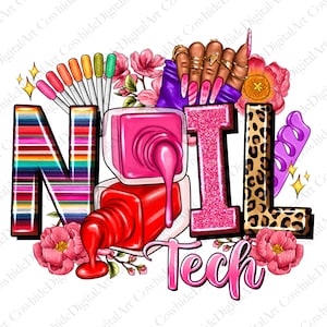 May include: Nail Tech design featuring the word "NAIL" in large, colourful letters. The "N" is striped, the "A" is pink with glitter, the "I" is leopard print, and the "L" is purple with glitter. There are nail polish bottles, nail art tools, and flowers.