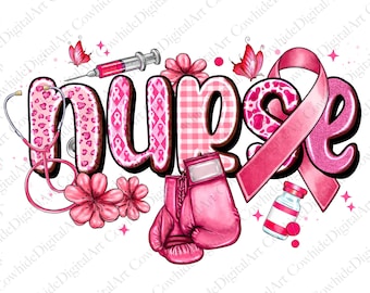 May include: Pink and white graphic design with the word "nurse" in bold letters. The design includes a stethoscope, a syringe, a pink ribbon, boxing gloves, and a vial of medicine.