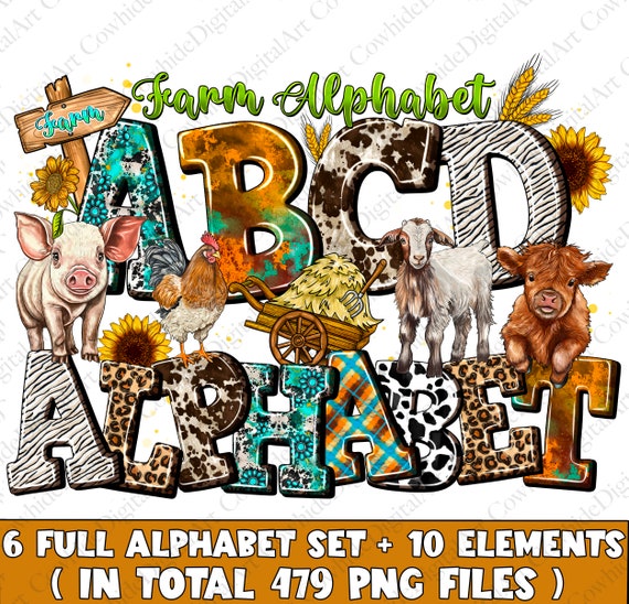 Farm Doodle Alphabet PNG Bundle, Western Font (Digital Download)