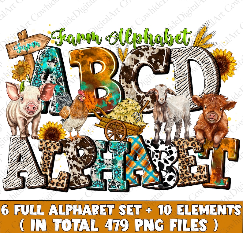 May include: A colorful alphabet set with farm animal illustrations. The letters are decorated with animal print patterns and have a rustic, vintage look. The letters A, B, C, and D are shown in the image. The text "Farm Alphabet" is at the top of the image. The text "6 FULL ALPHABET SET + 10 ELEMENTS ( IN TOTAL 479 PNG FILES )" is at the bottom of the image.