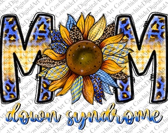 Puede incluir: Un girasol con estampado de cuadros azules y amarillos, estampado de leopardo y cuadros azules y amarillos. El girasol está rodeado de las letras "MOM" con los mismos estampados. El texto "down syndrome" está escrito debajo del girasol.
