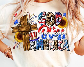 God Bless America PNG, 4th of July Design, Christian Cross (Digital Download)