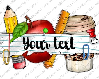 Può includere: Un'illustrazione digitale di una mela rossa, una matita, un righello, una tazza di caffè, una graffetta, uno spillo e una gomma da cancellare. Gli oggetti sono disposti attorno a un pezzo di carta con linee blu e il testo "Your text" scritto in nero.