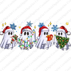 May include: Four white ghosts wearing Santa hats and holding Christmas-themed items. One ghost holds a gift box, another holds a string of Christmas lights, and another holds a small Christmas tree. The ghosts are against a white background.