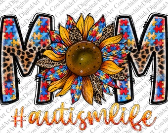 Mom Autism Awareness Sunflower PNG, Sublimation Design (Digital Download)
