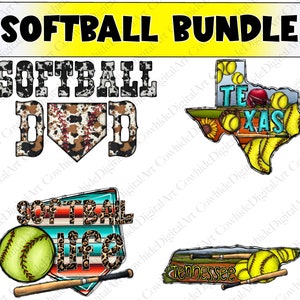 May include: A digital download bundle of four softball-themed designs. The designs feature a cowhide pattern, a Texas state outline, a Tennessee state outline, and a softball with the words "Softball Life".