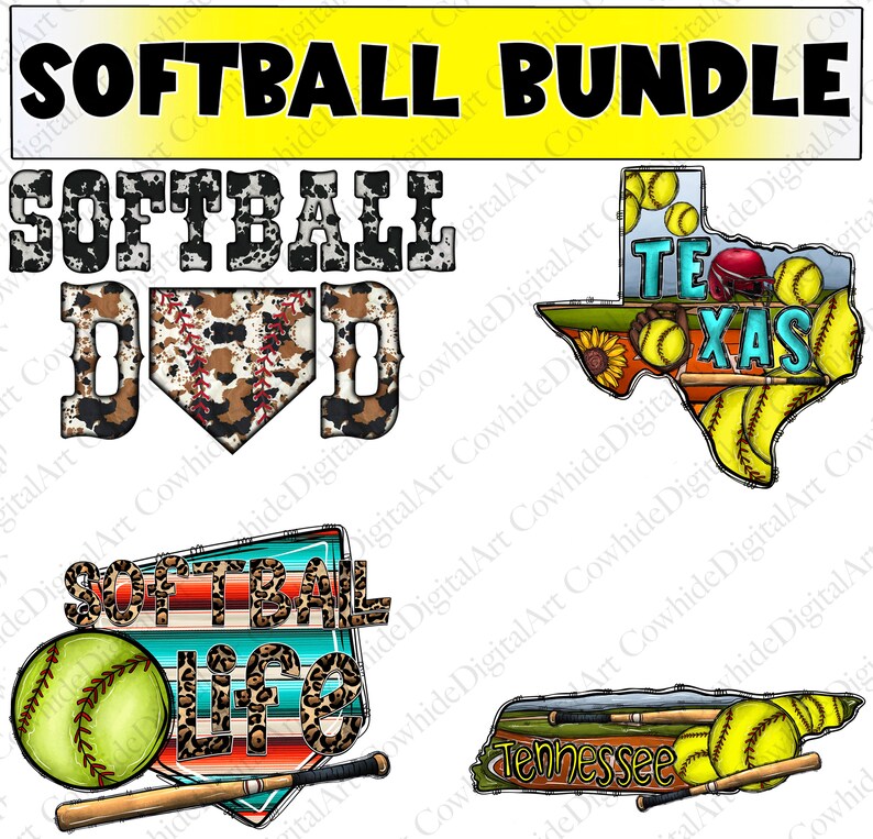May include: A digital download bundle of four softball-themed designs. The designs feature a cowhide pattern, a Texas state outline, a Tennessee state outline, and a softball with the words "Softball Life".