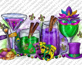 May include: A Mardi Gras themed illustration featuring a variety of drinks, including a green drink with cinnamon sticks, a purple drink, and a green drink in a martini glass. There are also two Mardi Gras masks, a king cake, and a green, purple, and gold beaded garland.