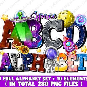 Pacote de alfabeto de doodle espacial PNG, letras, números e acessórios de espaço PNG, design de sublimação espacial, fonte espacial PNG, designs espaciais