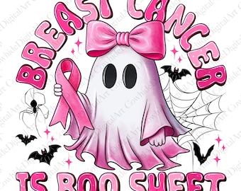 Puede incluir: Un fantasma rosa con un lazo rosa sosteniendo una cinta rosa con el texto "BREAST CANCER IS BOO SHEET" en letras rosas. El fantasma está rodeado de murciélagos y una telaraña.