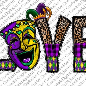 May include: A colorful graphic design of the word "LOVE" with a jester's mask and a leopard print pattern. The letters are outlined in black and have a distressed look.