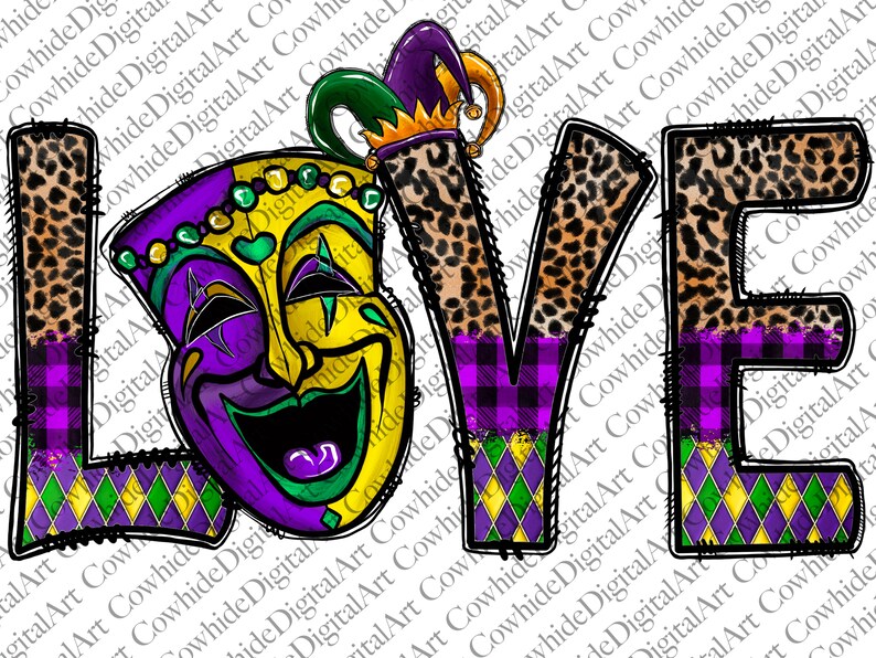 May include: A colorful graphic design of the word "LOVE" with a jester's mask and a leopard print pattern. The letters are outlined in black and have a distressed look.