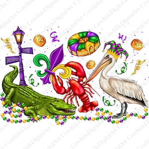 Mardi Gras alligator pelican crawfish sublimation design download, Mardi Gras png, Louisiana png,Fleur de Lis Png,sublimate designs download