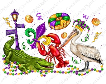 Mardi Gras Alligator, Pelican, Crawfish PNG Sublimation (Digital Download)