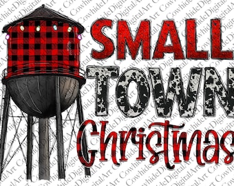 Puede incluir: Una torre de agua de cuadros rojos y negros con luces de Navidad. El texto "SMALL TOWN CHRISTMAS" está en rojo y negro con un patrón de piel de vaca.