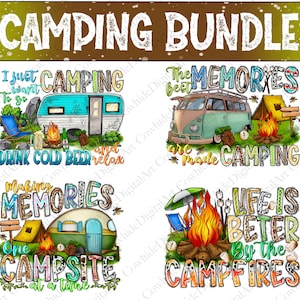 K&ouml;nnte beinhalten: Ein digitales Kunst-Druck-Paket mit vier Designs zum Thema Camping. Die Designs zeigen einen Campingbus, ein Zelt, ein Lagerfeuer und Text, der "Ich m&ouml;chte nur campen gehen und kaltes Bier trinken und entspannen", "Die besten Erinnerungen werden beim Campen gemacht", "Erinnerungen schaffen, ein Campingplatz nach dem anderen", und "Das Leben ist besser am Lagerfeuer" lautet.