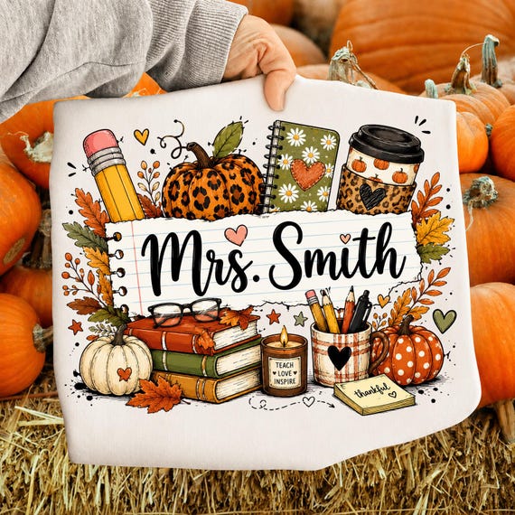 Custom Fall Teacher Name PNG Sublimation Design Download, Teacher's Day Back to School PNG, Teacher Autumn Doodle png,  Fall Teacher Gif