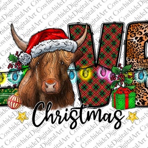 Love Highland Cow Christmas Png, Western PNG, Krowa świąteczna, Zwierzęta świąteczne, Pobieranie cyfrowe, Boże Narodzenie Png, Pobieranie wzorów sublimacji