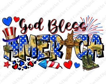 Puede incluir: Un diseño de arte digital con las palabras "God Bless America" en letras en negrita, rojo, blanco y azul con un patrón de camuflaje. El diseño incluye un sombrero de Tío Sam rojo, blanco y azul, una cruz de madera con una corona de espinas, fuegos artificiales, corazones y botas militares.