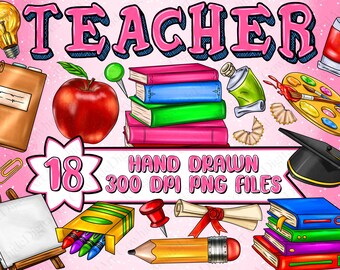 Puede incluir: Un conjunto de 18 imágenes de clipart de maestro dibujadas a mano en formato PNG. Las imágenes son de 300 DPI e incluyen una manzana roja, una pila de libros, un lápiz, un pincel, una paleta de pintura, un gorro de graduación, una regla, una caja de crayones, una bombilla, un cuaderno, un alfiler, un diploma y más.