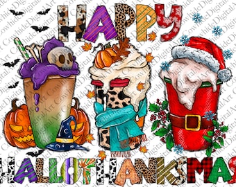Happy Hallothanksmas Coffee PNG, Coffee Clipart, Fall PNG, Halloween png, Christmas PNG, Western Png, Instant Download, Sublimation Design