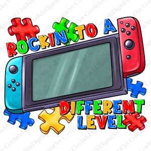 May include: A colorful graphic design featuring a Nintendo Switch console with a blue and black controller and a red and black controller. The design also includes puzzle pieces in various colors and the text "Rockin' to a Different Level".