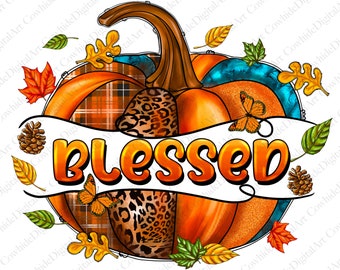Blessed Pumpkin PNG, Western Fall Leaves Design (Digital Download)