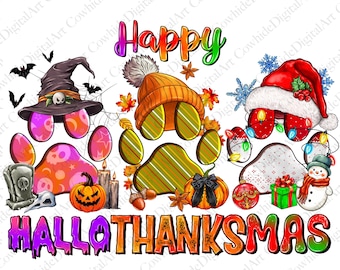 Könnte beinhalten: Ein farbenfrohes Grafikdesign mit drei Pfotenabdrücken mit verschiedenen Feiertagsmotiven. Die Pfotenabdrücke sind mit Halloween-, Erntedank- und Weihnachtsmotiven verziert. Der Text "Happy HalloThanksmas" ist in einer bunten, tropfenden Schrift geschrieben.