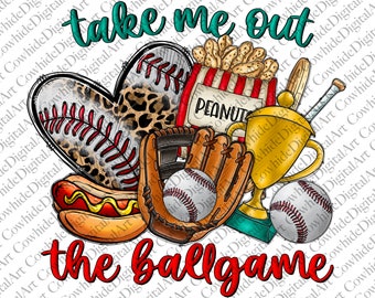 May include: A colorful illustration of baseball-themed items, including a baseball glove, a baseball, a hot dog, a trophy, a bag of peanuts, and a baseball with a leopard print design. The text "take me out the ballgame" is written in red and green.