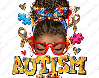 Afro Messy Bun Autism Mom PNG, Sublimation Design (Digital Download)