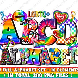 Pacote de alfabeto LGBTQ+ Doodle PNG, letras PNG coloridas, números e acessórios, design de sublimação de orgulho, fonte png, designs ocidentais