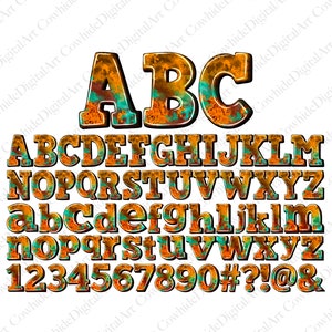 May include: A rusty, orange and teal alphabet font with uppercase and lowercase letters, numbers, and symbols. The font has a distressed, vintage look.