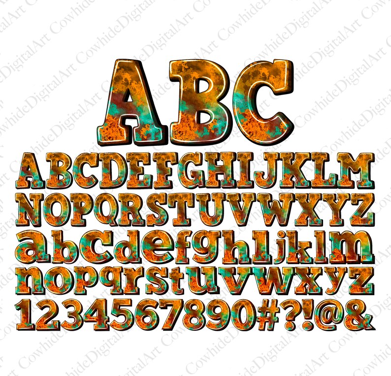 May include: A rusty, orange and teal alphabet font with uppercase and lowercase letters, numbers, and symbols. The font has a distressed, vintage look.
