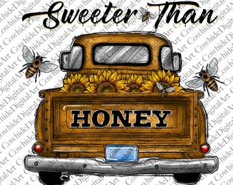 Pode incluir: Uma camioneta vintage marrom com uma caçamba de madeira cheia de girassóis. A camioneta tem as palavras "Sweeter Than Honey" escritas acima da caçamba. Há abelhas voando ao redor dos girassóis.