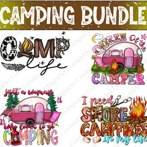 K&ouml;nnte beinhalten: Ein digitales Kunstpaket mit vier Designs zum Thema Camping. Die Designs zeigen einen Wohnwagen, ein Lagerfeuer und Text, der "Camp Life", "Queen of the Camper", "Just a Woman Who Loves to Go Camping" und "I Need More Campfires in My Life" lautet.