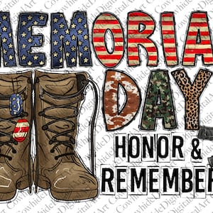 Memorial Day Honor & Remember PNG - American Flag, Army Boots (Digital Download)