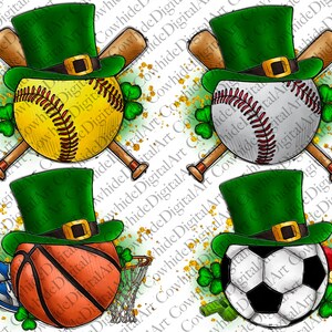 May include: Four different sports balls, each with a green leprechaun hat on top. The balls are baseball, softball, basketball, and soccer. The background is white with gold glitter.