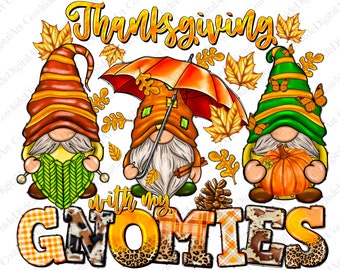 Thanksgiving Gnomies PNG Sublimation Design, Fall Leaves, Pumpkin (Digital Download)