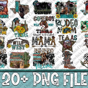 May include: A collection of 20+ digital designs featuring a variety of cowboy and western themes. The designs include phrases like "Desert Cowboy", "Wild West", "Rodeo Mom", "Texas Mama", and "Howdy Texas". The designs are in a variety of colors and styles, and feature images of cowboys, horses, cacti, and other western imagery.
