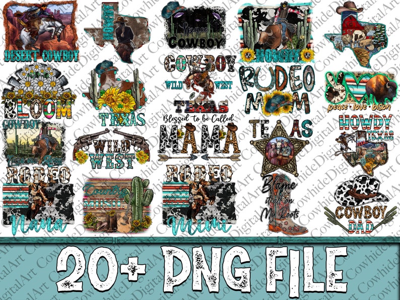 May include: A collection of 20+ digital designs featuring a variety of cowboy and western themes. The designs include phrases like "Desert Cowboy", "Wild West", "Rodeo Mom", "Texas Mama", and "Howdy Texas". The designs are in a variety of colors and styles, and feature images of cowboys, horses, cacti, and other western imagery.