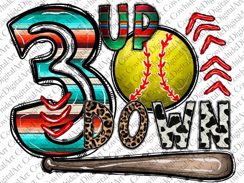 Puede incluir: Un dise&ntilde;o gr&aacute;fico colorido con los n&uacute;meros "3" y "UP" junto con una pelota de b&eacute;isbol y un bate. Los n&uacute;meros est&aacute;n decorados con un patr&oacute;n del suroeste, la pelota de b&eacute;isbol es amarilla con costuras rojas y el bate es marr&oacute;n. Las palabras "DOWN" est&aacute;n escritas en estampado de leopardo y estampado de vaca.